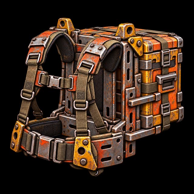 Strapped freight harness frame with shoulder straps and hip belt carrying a rugged rear cargo box